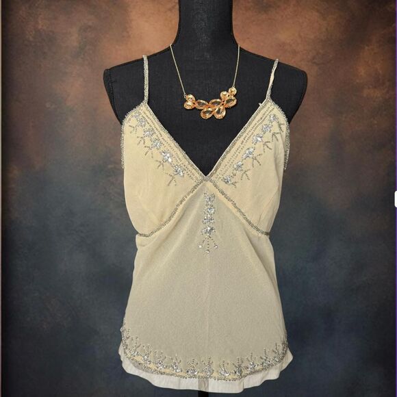 Flower Women's Beaded Cami Large Cream Sheer Retro Glam Chic Y2K Night Out - Picture 1 of 6